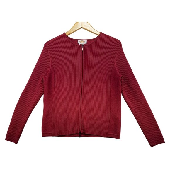 Talbots Womens  Wool Ribbed Zip Front Cardigan Sweater M Red Burgundy - Picture 1 of 12